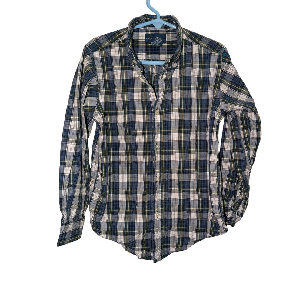 Ralph Lauren Boys Navy Green Plaid Button Down Shirt Size 6 Pony‎ Logo